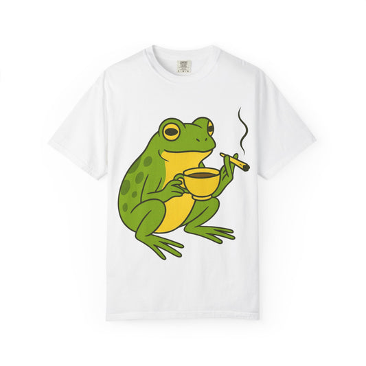 “Rise & Toad: Coffee & Cannabis” – Relaxing Frog T-Shirt