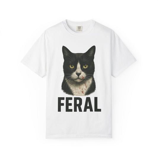 “FERAL” – Blood-Spattered Tuxedo Cat Tee