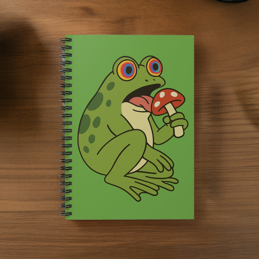 "Frog Trippin’ Thoughts" – Spiral Notebook with Mushroom Lickin’ Frog (6" x 8")