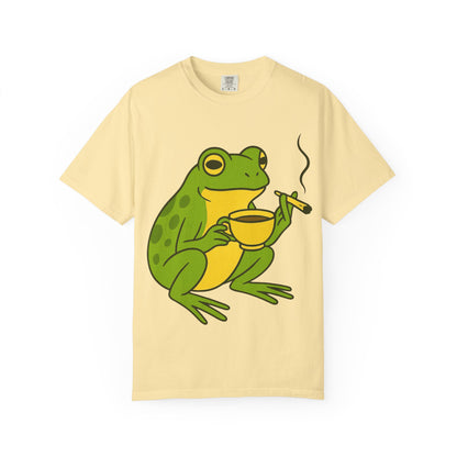 “Rise & Toad: Coffee & Cannabis” – Relaxing Frog T-Shirt