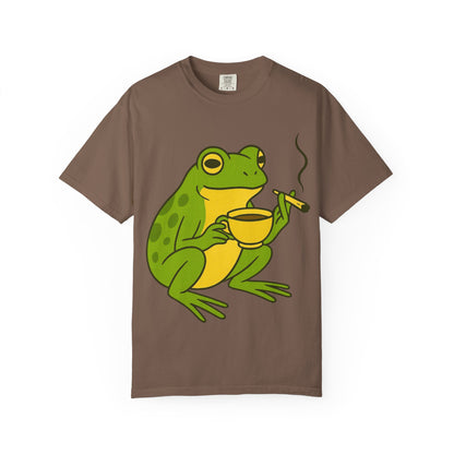 “Rise & Toad: Coffee & Cannabis” – Relaxing Frog T-Shirt