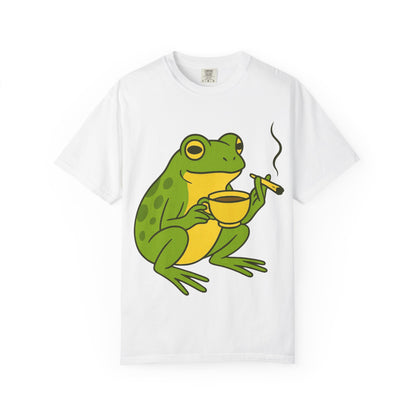 “Rise & Toad: Coffee & Cannabis” – Relaxing Frog T-Shirt