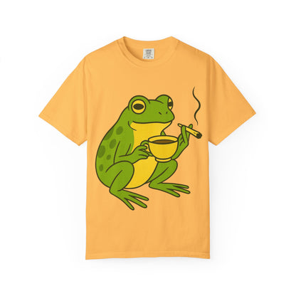 “Rise & Toad: Coffee & Cannabis” – Relaxing Frog T-Shirt