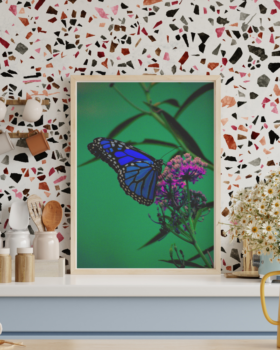 Stillness in Bloom – Blue Butterfly Photography Print