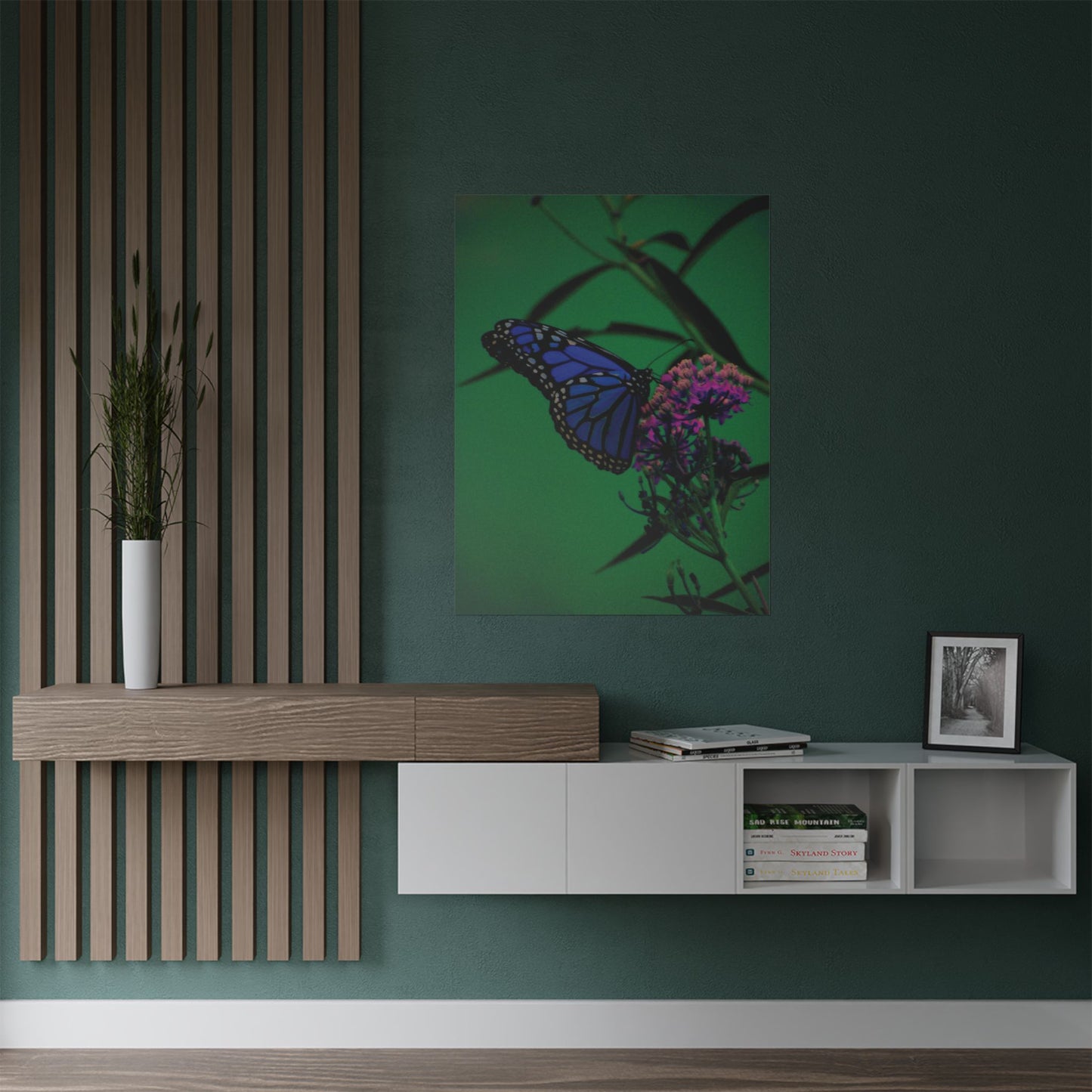 Stillness in Bloom – Blue Butterfly Photography Print