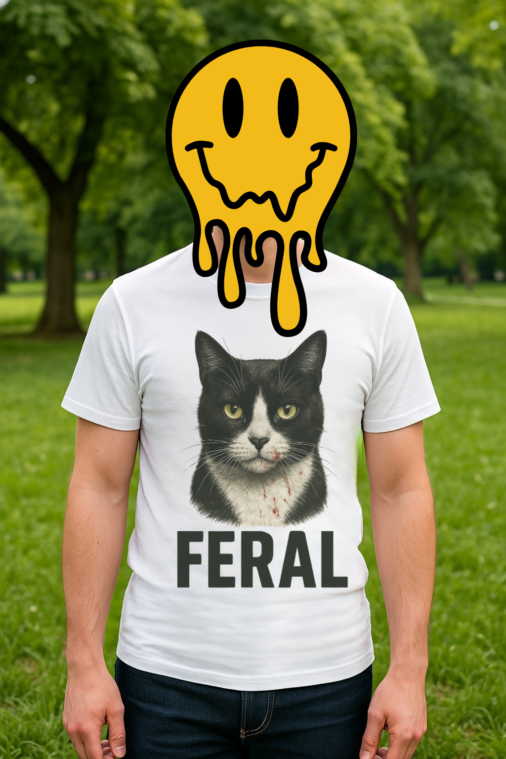 “FERAL” – Blood-Spattered Tuxedo Cat Tee