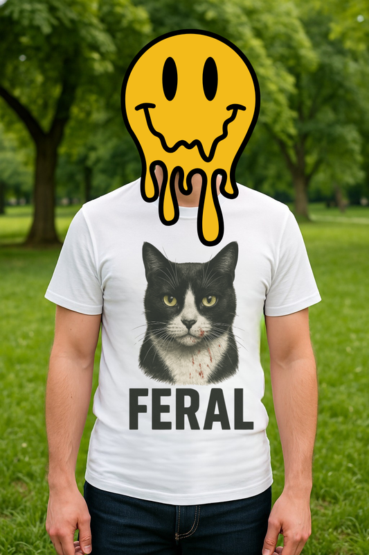 “FERAL” – Blood-Spattered Tuxedo Cat Tee