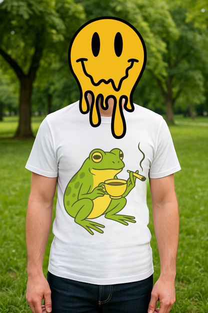 “Rise & Toad: Coffee & Cannabis” – Relaxing Frog T-Shirt